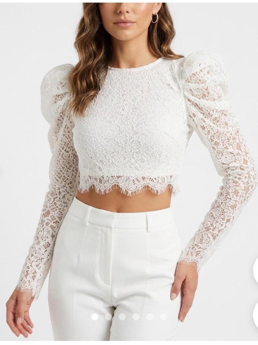 Naked Wardrobe White Lace Puff-Sleeve Cropped Top